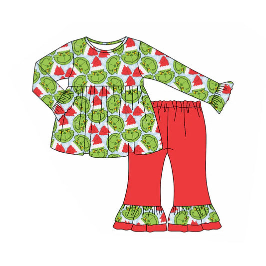 Preorder(moq 5) Baby Girls Green Face Plaid Tunic Ruffle Pants Christmas Set 8.15