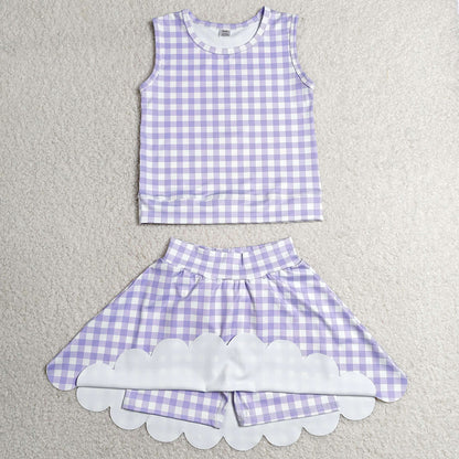 Baby Girls Clothes Lavender Checked Vest Scallop Skirt Short Yoga Active Clothes Set GSD4067