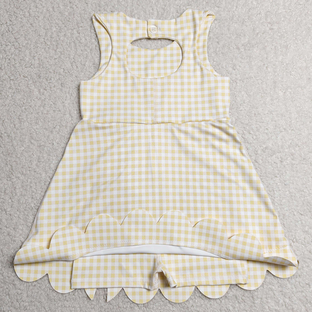 Baby Girls Dress Sleeveless Yellow Checked Yoga Shorts Short Scallop Knee Length Dresses GSD3027
