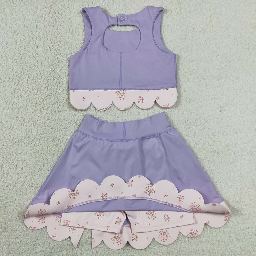 Baby Girls Clothes Lavender Sleeveless Vest Bows Skirt Shorts Yoga Active Scallop Clothes Sets GSD3323