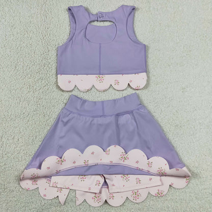 Baby Girls Clothes Lavender Sleeveless Vest Bows Skirt Shorts Yoga Active Scallop Clothes Sets GSD3323