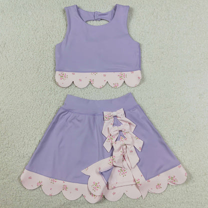 Baby Girls Clothes Lavender Sleeveless Vest Bows Skirt Shorts Yoga Active Scallop Clothes Sets GSD3323