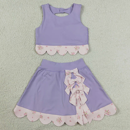 Baby Girls Clothes Lavender Sleeveless Vest Bows Skirt Shorts Yoga Active Scallop Clothes Sets GSD3323