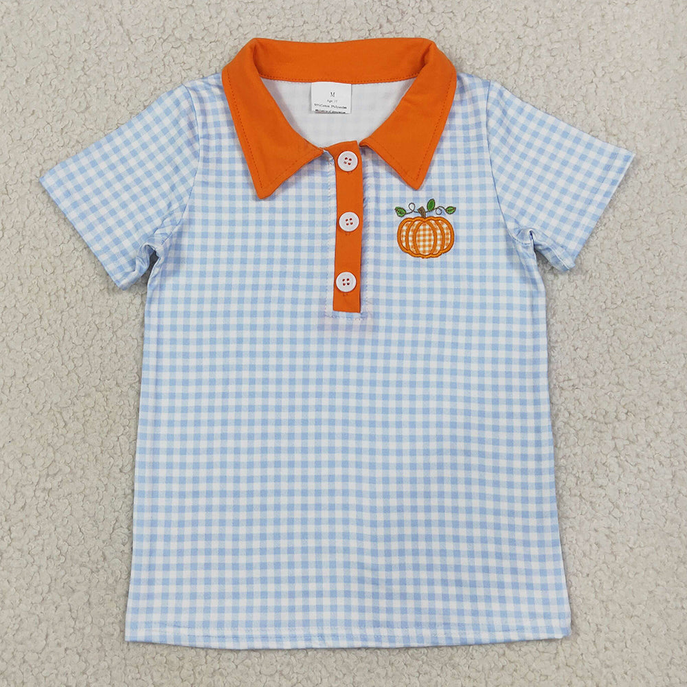 Baby Boys Clothes Embroidery Pumpkin Blue Checked Fall Button Polo Shirts Top BT1891