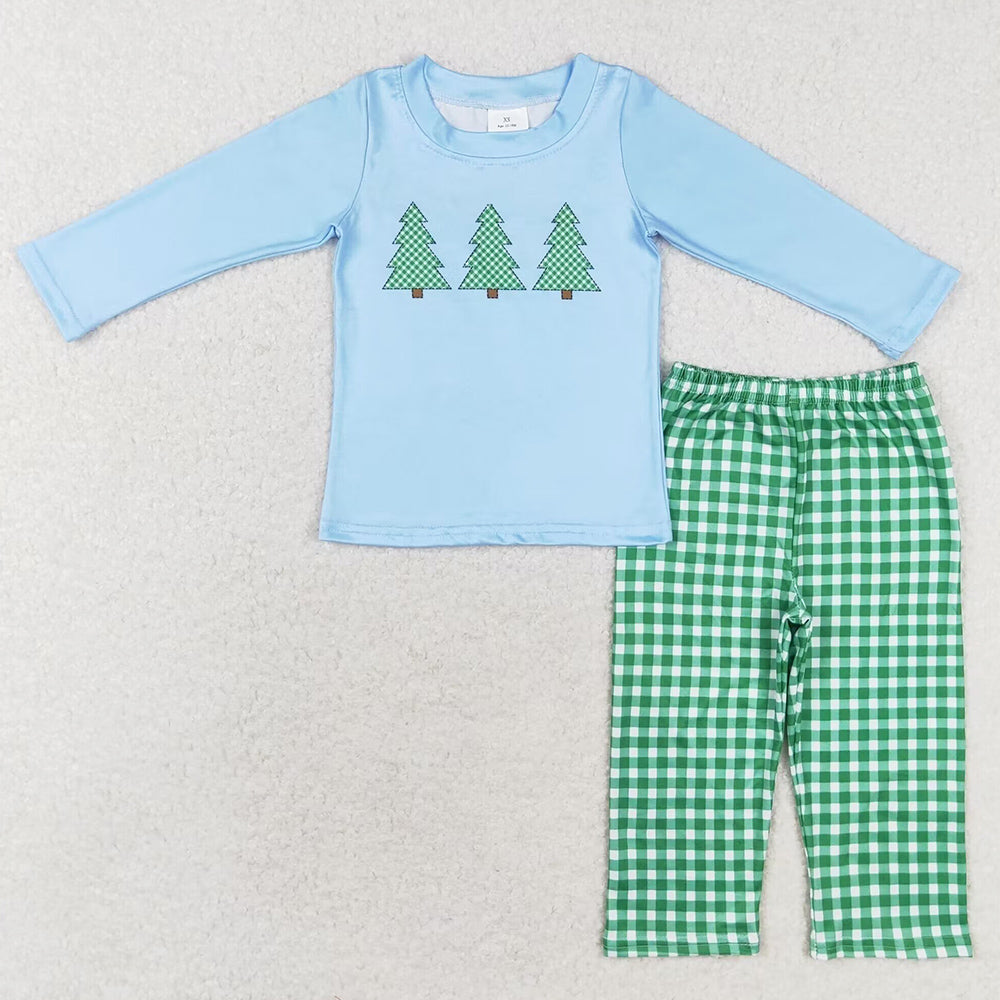 Baby Boys Clothes Christmas Blue Trees Shirt Pants Kids Sibling Clothes Sets BLP0659