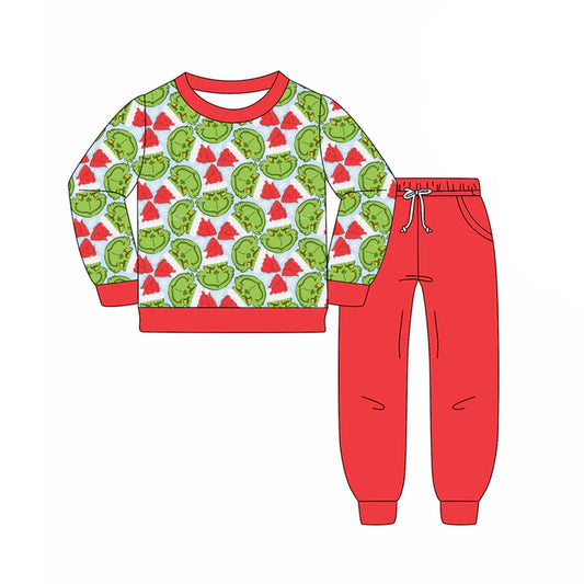 Preorder(moq 5) Baby Boys Green Face Plaid Top Pockets Legging Pants Christmas Set 8.15
