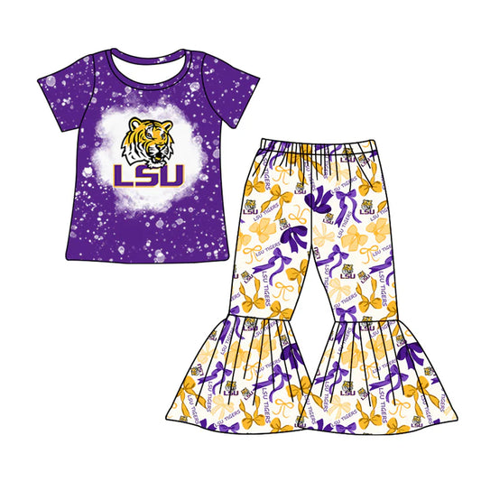 Preorder MOQ 5 bleached purple tiger top bow pants girls team clothes 8.26