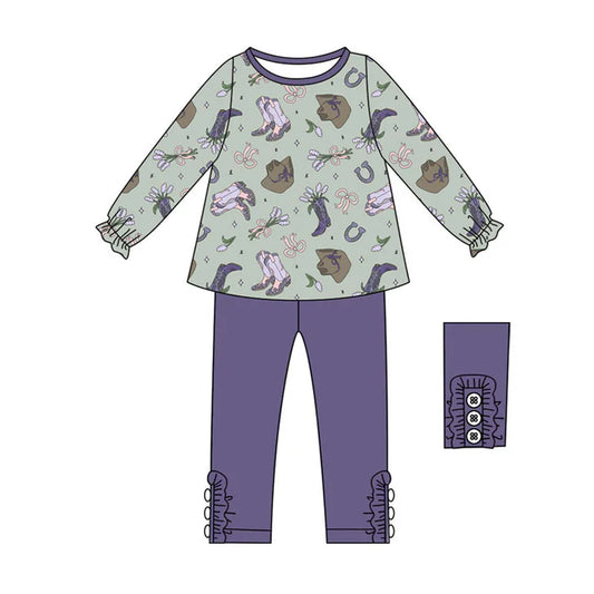 Preorder (moq 8)Baby Girls Purple Boots Hats Flowers Tunic Leggings Pant Clothes Sets 9.8