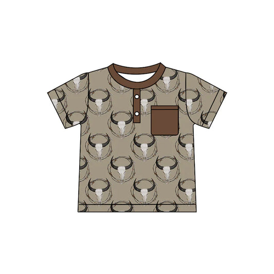 Preorder(moq 5) Baby Boys Bull Skulls Plaid Button Pocket Western Polo Shirts Top 10.28