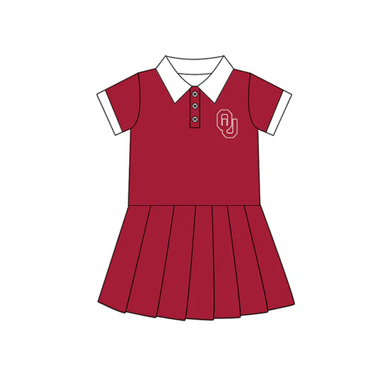 Preorder (moq 5)Baby Girls Red Short Sleeves Button OU Team Shorts Knee Length Dresses 7.10