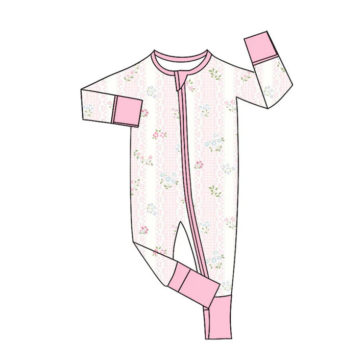 Preorder (moq 5)Baby Girls Pink Flower Hearts Stripe Zipper Footie Rompers 11.12