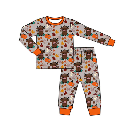 Preorder (moq 5)Baby Boys Long Sleeves Highland Cows Pumpkins Plaid Top Pants Pajamas Set 7.14