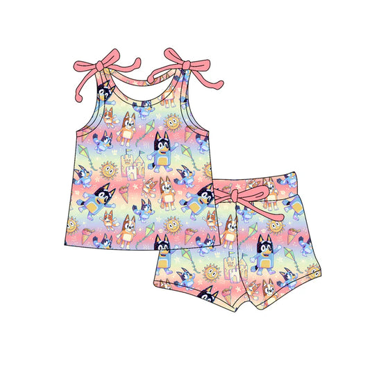 Preorder moq 5 Baby Girls Bows Sleeveless Cartoon Dogs Suns Top Short Set 4.16