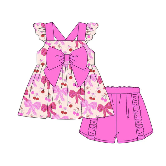Preorder (moq 5)Baby Girls Hot Pink Flutter Sleeves Colorful Bows Tunic Ruffle Short Set 4.26
