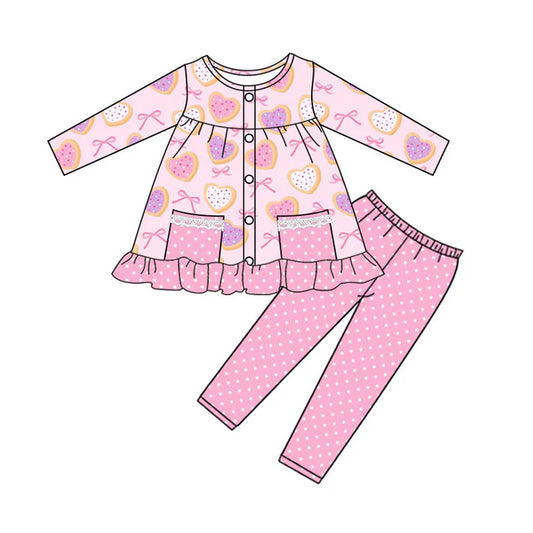 Preorder (moq 5)Baby Girls Hearts Bows Button Pockets Tunic Leggings Pant Valentine Clothes Sets 9.6