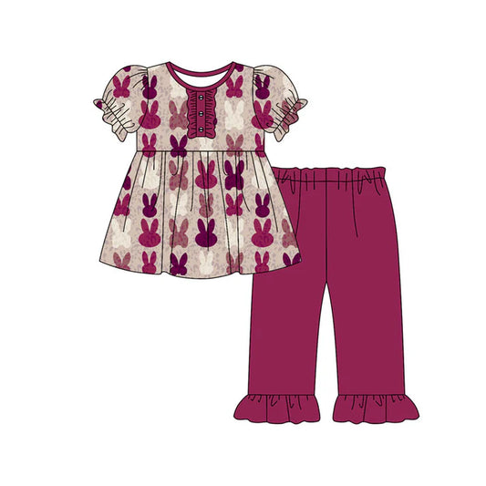 Preorder(moq 5) Baby Girls Hot Pink Rabbits Button Tunic Ruffle Pants Easter Clothes Sets 10.18
