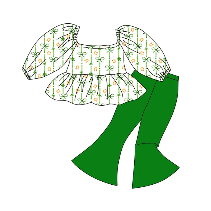 Preorder (moq 5)Baby Girls Clovers Bows Ruffle Tunic Bell Bottom Pants St Patrick Clothes Sets 12.15