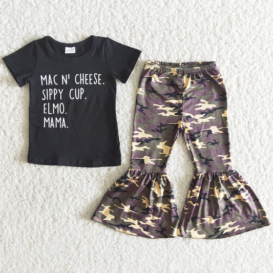 Girls Clothing Letter Design Toddler Baby Girl Clothes Camouflage Bell Bottom Outfits B4-4