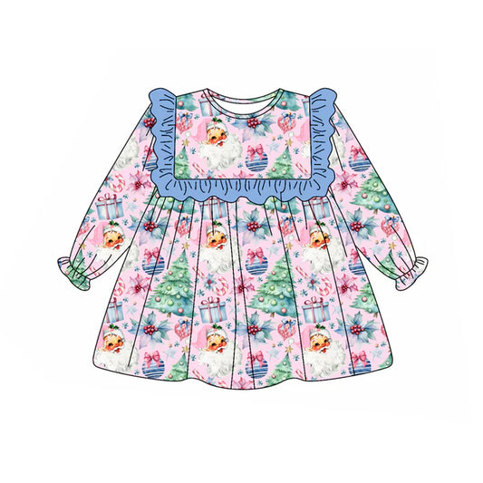 Preorder (moq 5)Baby Girls Blue Long Ruffle Sleeves Floral Trees Santa Knee Length Dresses 6.2