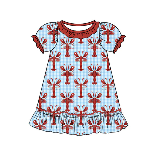 Preorder(moq 8)Baby Girls Blue Checked Crayfishes Ruffle Knee Length Dresses 9.27