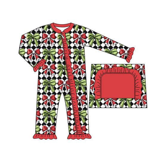 preorder(moq 5)Baby Infant Girls Green Red Bows Plaid Ruffle Christmas Zipper Rompers 7.31