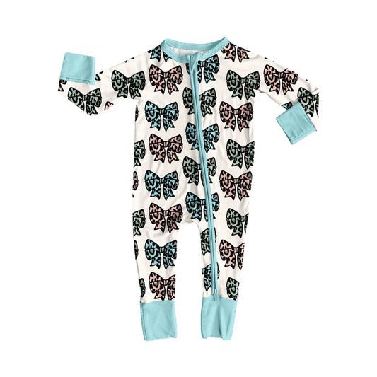 Preorder (moq 5)Baby Girls Long Sleeves Colorful Leopard Bows Plaid Zipper Romper 7.5