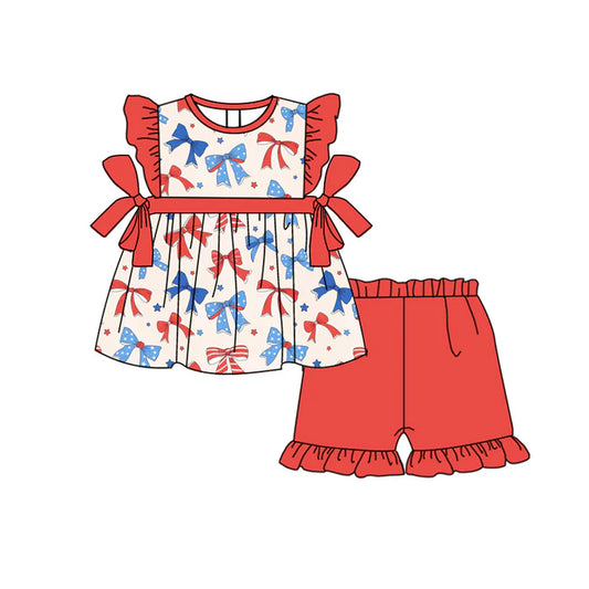 Preorder moq 5 Baby Girls Peach Flutter Sleeves Blue Red Bows Tunic Ruffle Short 4th Of July Set 4.23