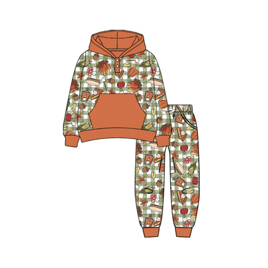 Preorder (moq 5)Baby Boys Long Sleeves Pumpkins Plaid Button Pockets Hoodies Top Legging Pants Fall Set 7.1