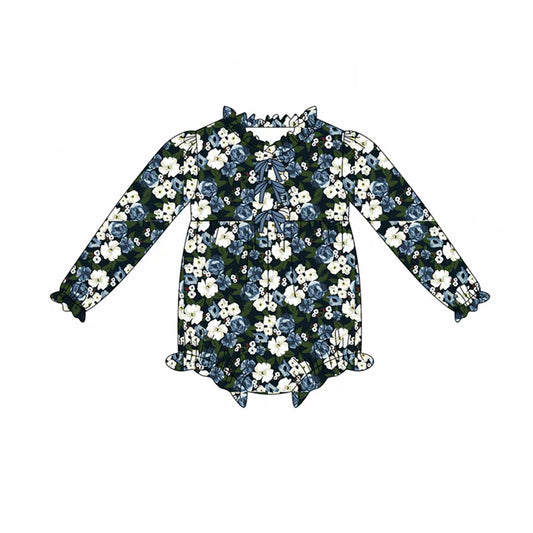 Preorder(moq 5)Baby Infant Girls Navy Flowers Button Ruffle Rompers 7.29
