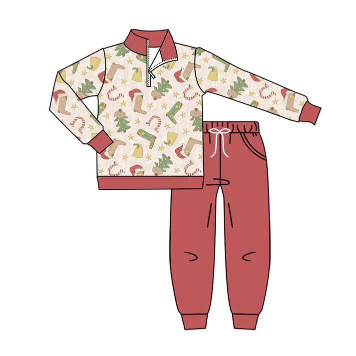 Preorder (moq 8)Baby Boys Boots Trees Zipper Pullover Pockets Jogger Christmas Clothes Sets 9.24