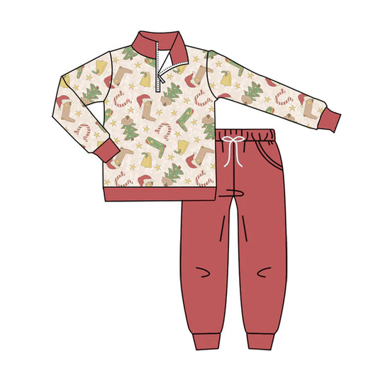 Preorder (moq 8)Baby Boys Boots Trees Zipper Pullover Pockets Jogger Christmas Clothes Sets 9.24