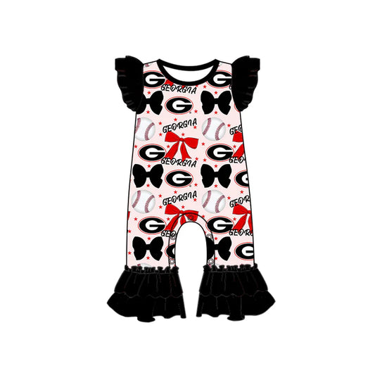 Preorder (moq 5)Baby Girls Black Flutter Sleeves Baseball Bows Georgia Ruffle Pant Team Rompers 6.16