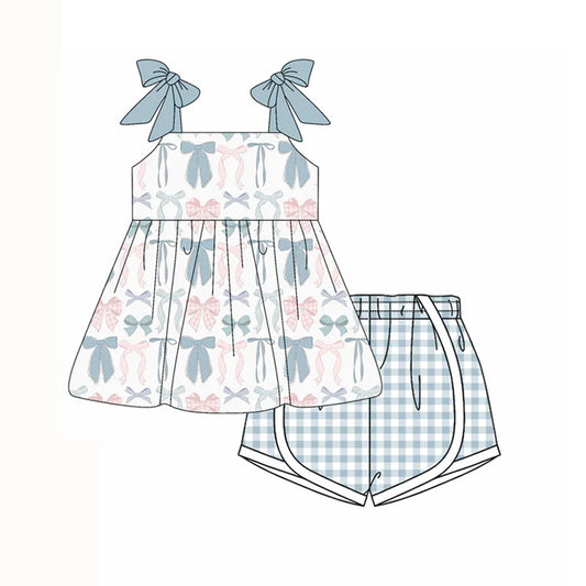 Preorder moq 5 Baby Girls Gray Strap Pink Bows Tunic Plaid Shorts Set 4.14