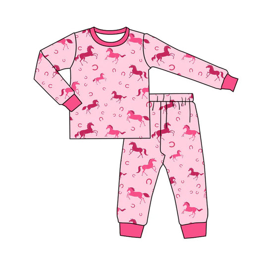 Preorder (moq 8)Baby Girls Pink Horse Shoes Top Pants Western Pajamas Set 9.16