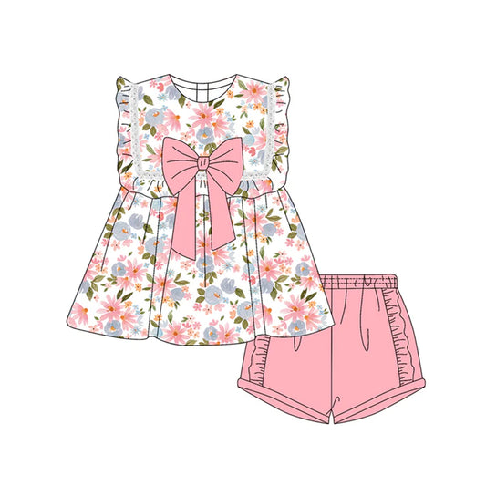 Preorder moq 5 Baby Girls Sleeveless Pink Floral Tunic Ruffle Short Set 4.19