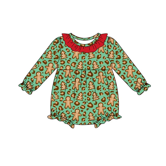 Preorder(moq 5)Baby Infant Girls Green Leopard Gingerbread Ruffle Christmas Rompers 7.29