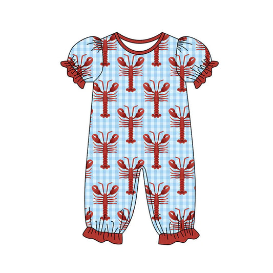 Preorder (moq 8)Baby Girls Blue Checked Crayfishes Ruffle Footie Rompers 9.27