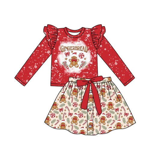 Preorder (moq 5)Baby Girls Red Long Sleeves Bow Gingerbread Top Button Skirts Set 6.3
