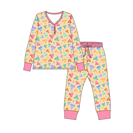 Preorder (moq 8)Baby Girls Colorful Hearts Leopard Button Top Pants Valentine Pajamas Sets 9.18