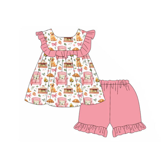 Preorder moq 5 Baby Girls Sleeveless Pink Floral Dogs Tunic Ruffle Short Set 4.19