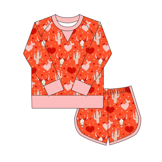 Preorder(moq 8)Baby Girls Bull Skulls Hearts Cactus Long Sleeve Top Shorts Western Clothes Set 9.27