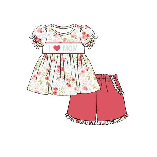 Preorder (moq 5)Baby Girls Short Ruffle Sleeves I LOVE MOM Floral Tunic Pockets Short Set 5.15