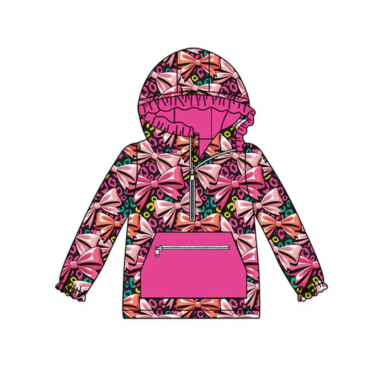 Preorder (moq 5)Baby Girls Colorful Leopard Bows Pocket Zipper Ruffle Hoodies Top 9.4