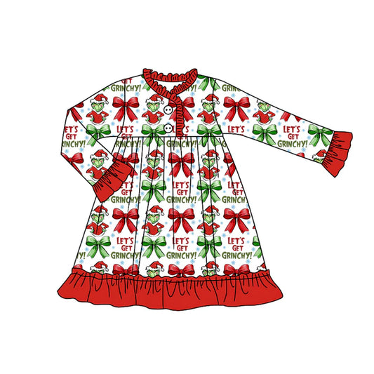 Preorder (moq 5)Baby Girls Christmas Let's Go Frog Ruffle Gown Knee Length Dresses 8.7