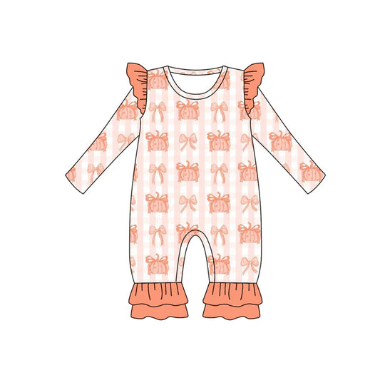 Preorder (moq 5)Baby Girls Long Sleeves Peach Bows Pumpkins Plaid Ruffle Pant Romper 7.5