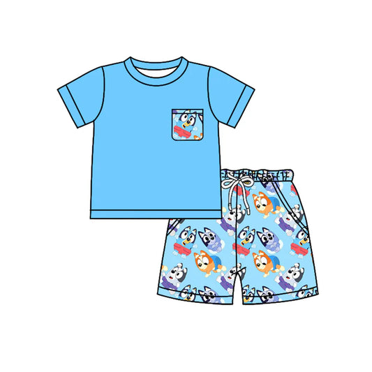 Preorder moq 5 Baby Boys Blue Short Sleeves Pocket Top Cartoon Dogs Shorts Set 4.14