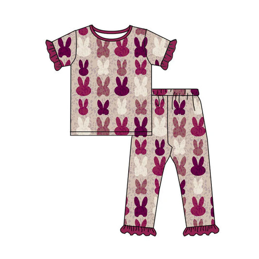 Preorder(moq 5) Baby Girls Hot Pink Rabbits Plaid Top Ruffle Pants Easter Pajamas Sets 10.18