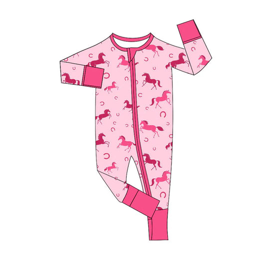 Preorder (moq 8)Baby Girls Pink Horse Shoes Western Zipper Footie Rompers 9.16