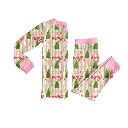 Preorder (moq 5)Baby Girls Long Sleeves Trees Bows Stripe Top Pant Pajamas Set 5.27