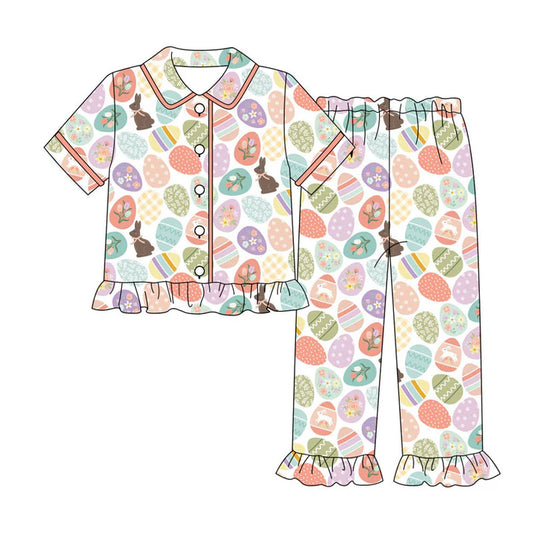 Preorder (moq 8)Baby Girls Colorful Eggs Rabbits Button Top Ruffle Pants Easter Pajamas Sets 9.15